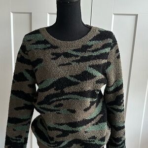 Barefoot Dreams Cozy Chic Green and Black Camo Patterned Sweater